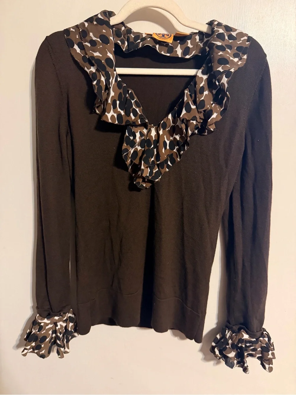 Tory Burch Ruffle Neck Sweater M Brown Merino Wool Silk Animal Print Cuffs